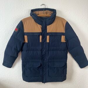 Mountain Khakis Men’s Down Parka Jacket Navy Tan Hooded Medium 90% Down